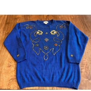 Vintage Women's Sweater, Imports Blue Gold 90s, Beaded Sweater Granny Small